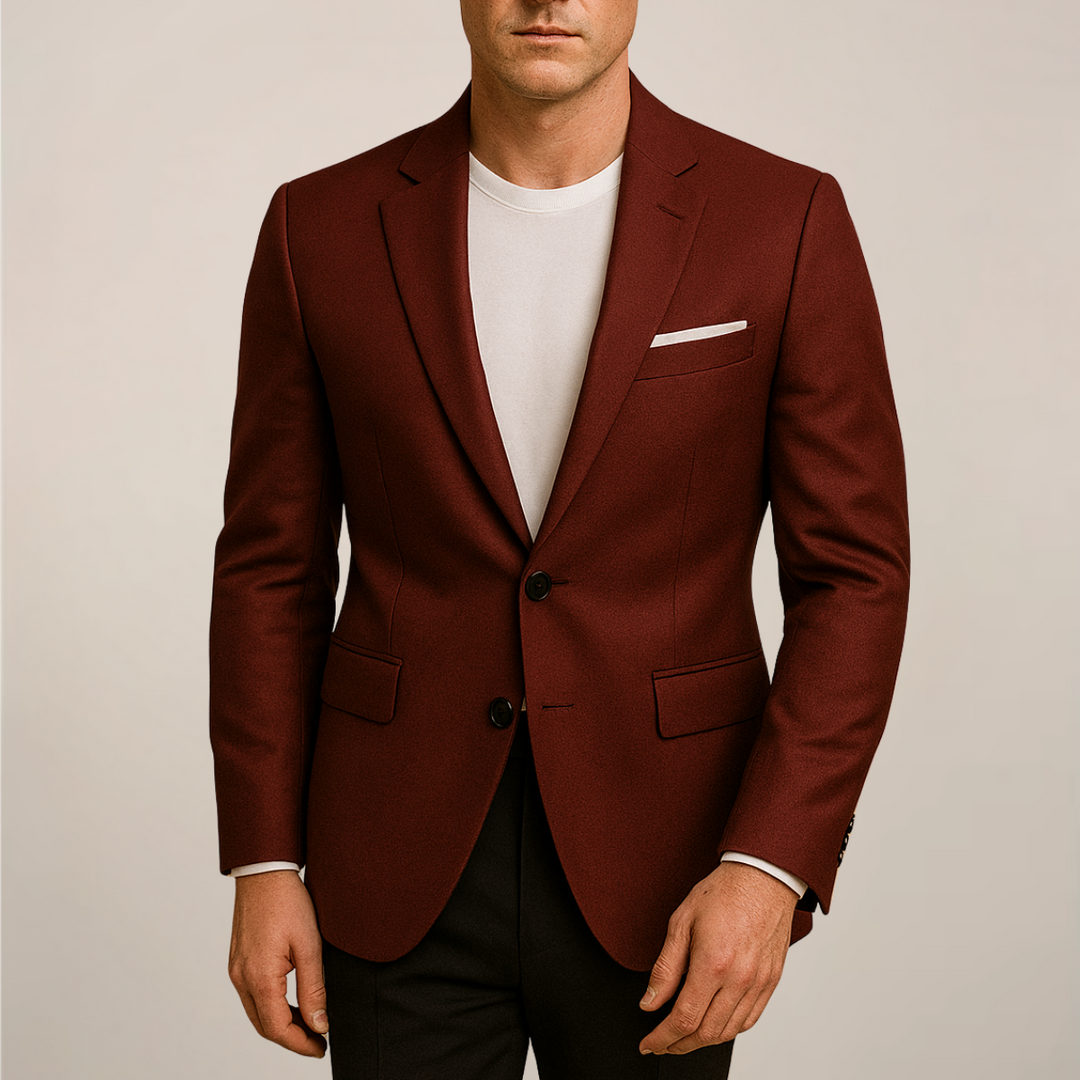 Men's classic tailored red blazer, perfect for formal events or a stylish smart casual look. Elevate your style.