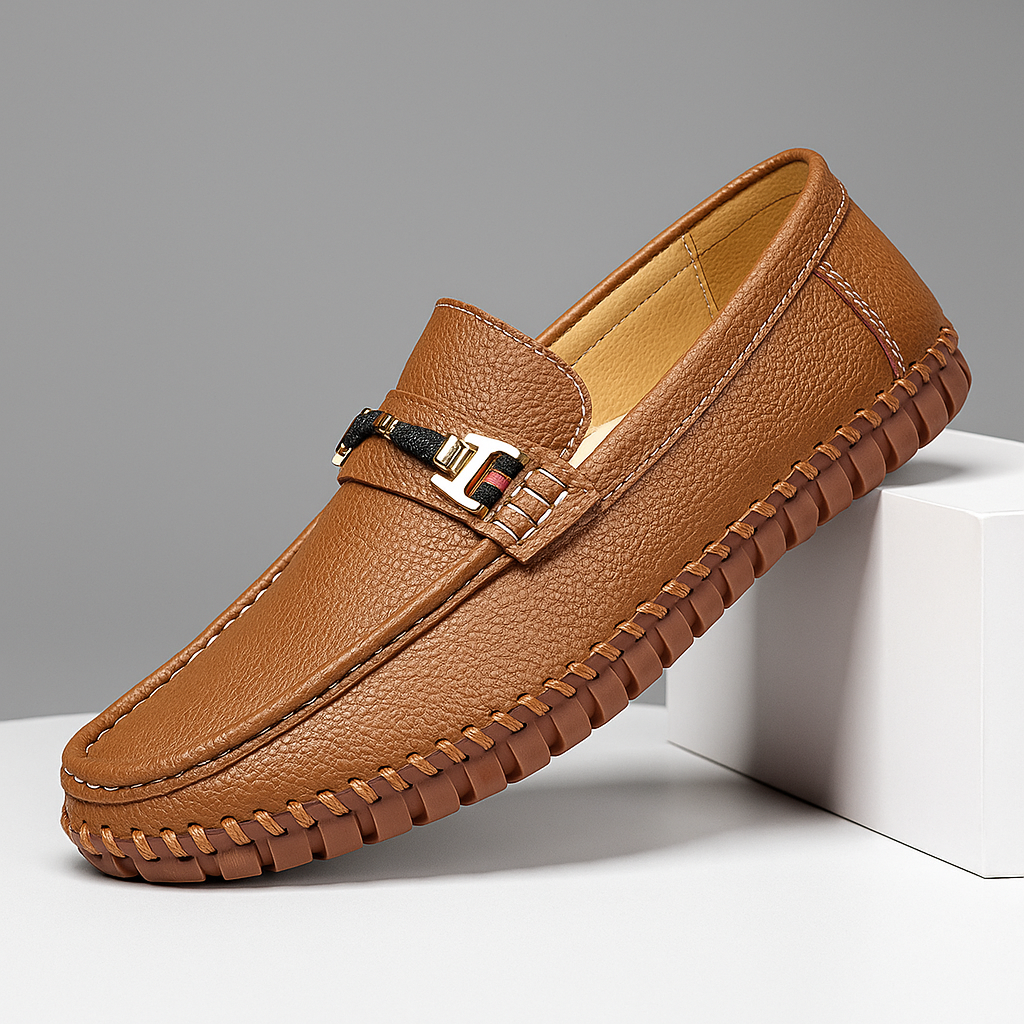Men's classic tan leather bit loafers, formal dress shoes for business casual or special occasions