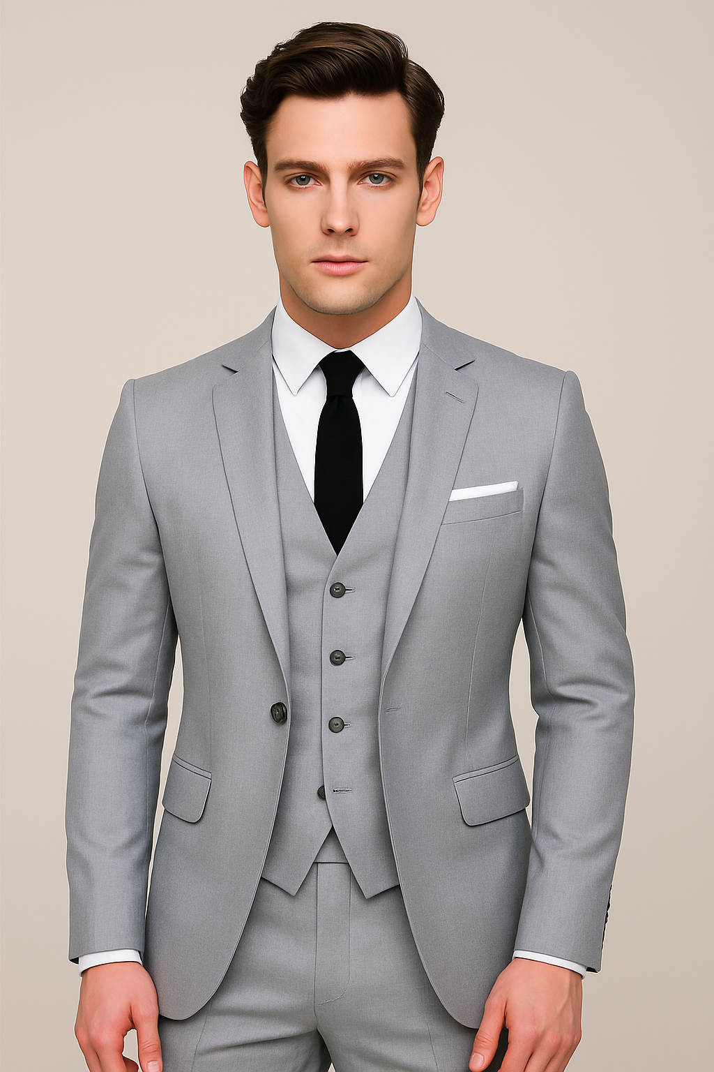 Tailored men's three-piece suit with vest and trousers, ideal for spring formal events