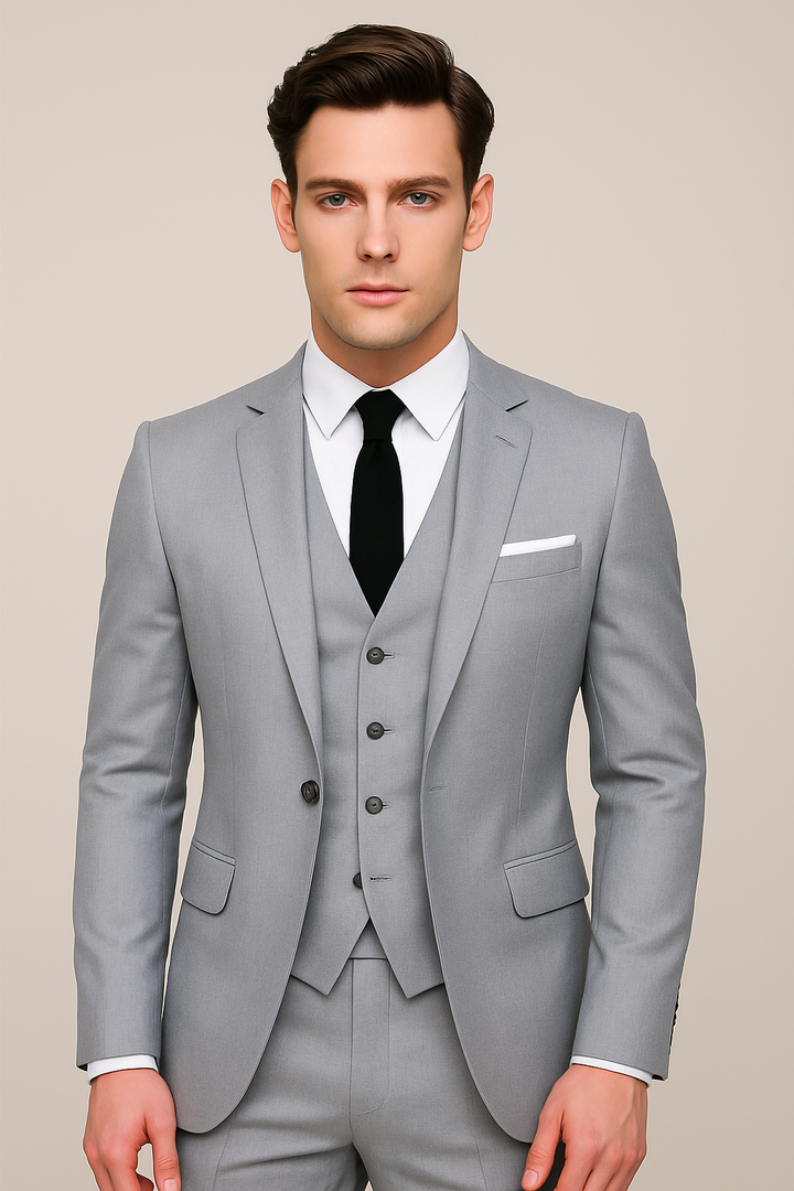 Tailored men's three-piece suit with vest and trousers, ideal for spring formal events