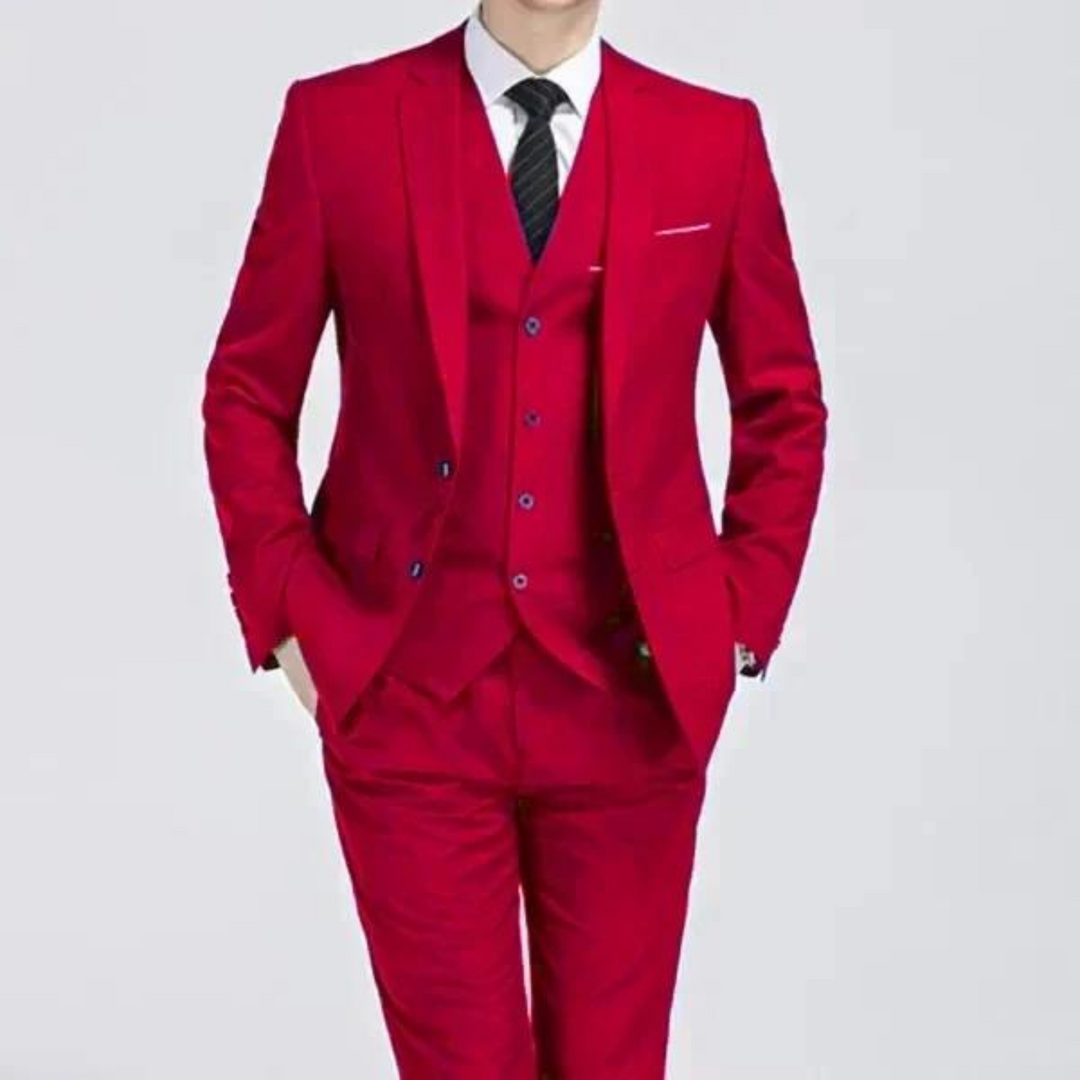Elegant men's purple three-piece suit jacket and waistcoat, classic spring formal wear