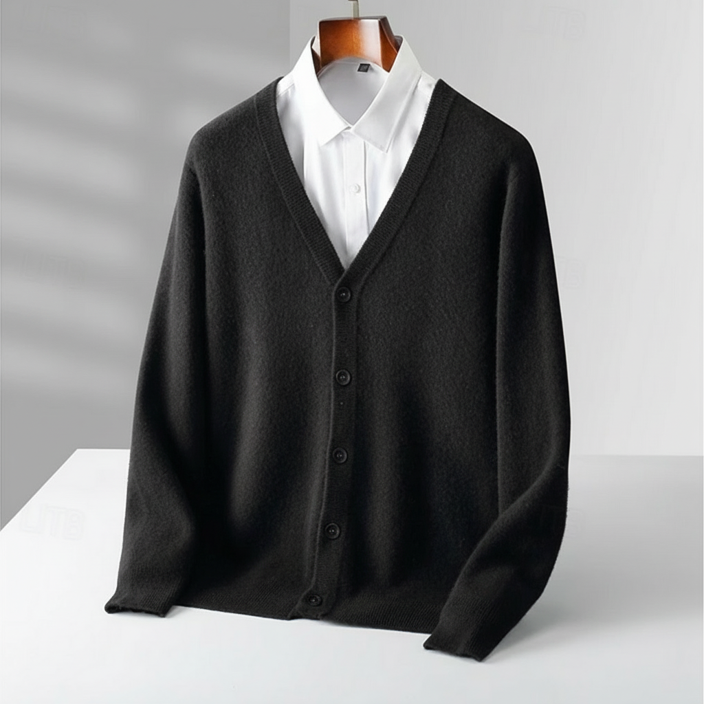 Stylish men's V-neck button-up cardigan. Comfortable knitwear for everyday wear and layering.