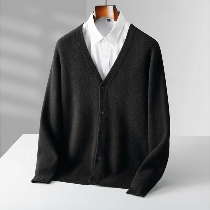 Stylish men's V-neck button-up cardigan. Comfortable knitwear for everyday wear and layering.