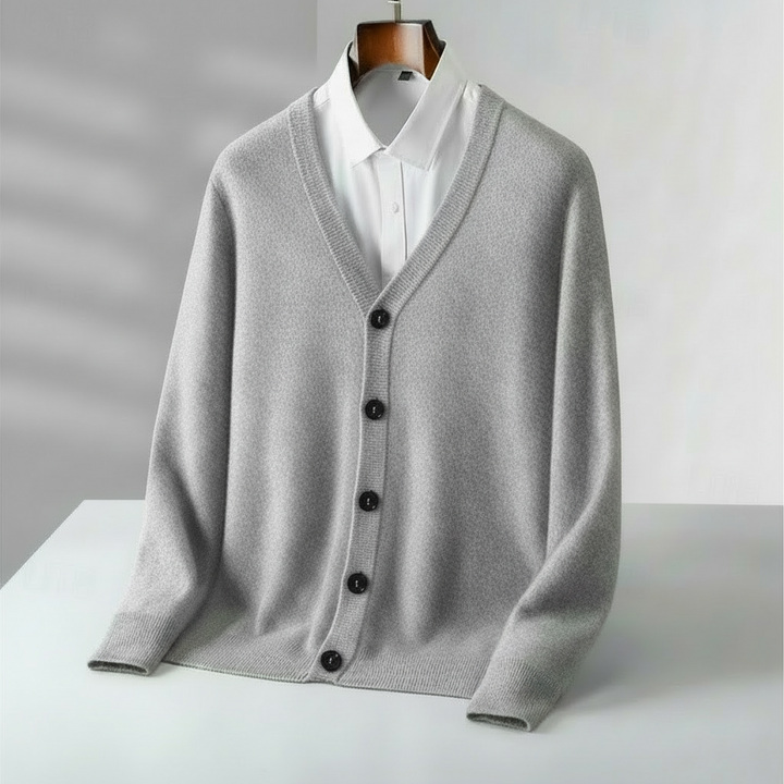 Versatile men's V-neck cardigan, ideal for year-round layering. A stylish addition to any smart casual outfit.