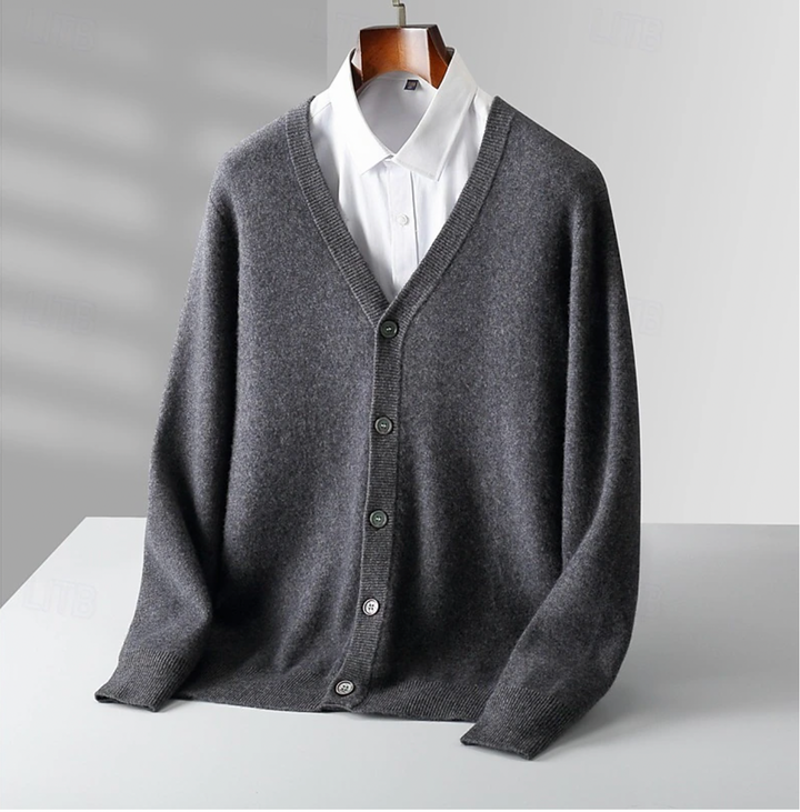 Men's classic V-neck knit cardigan. Comfortable and stylish button-up mens clothing for everyday fashion.