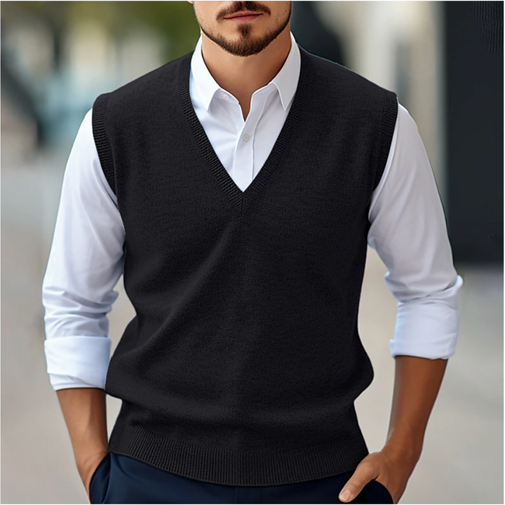 Classic men's V-neck sweater vest in a rich, solid color, suitable for various fashion styles.