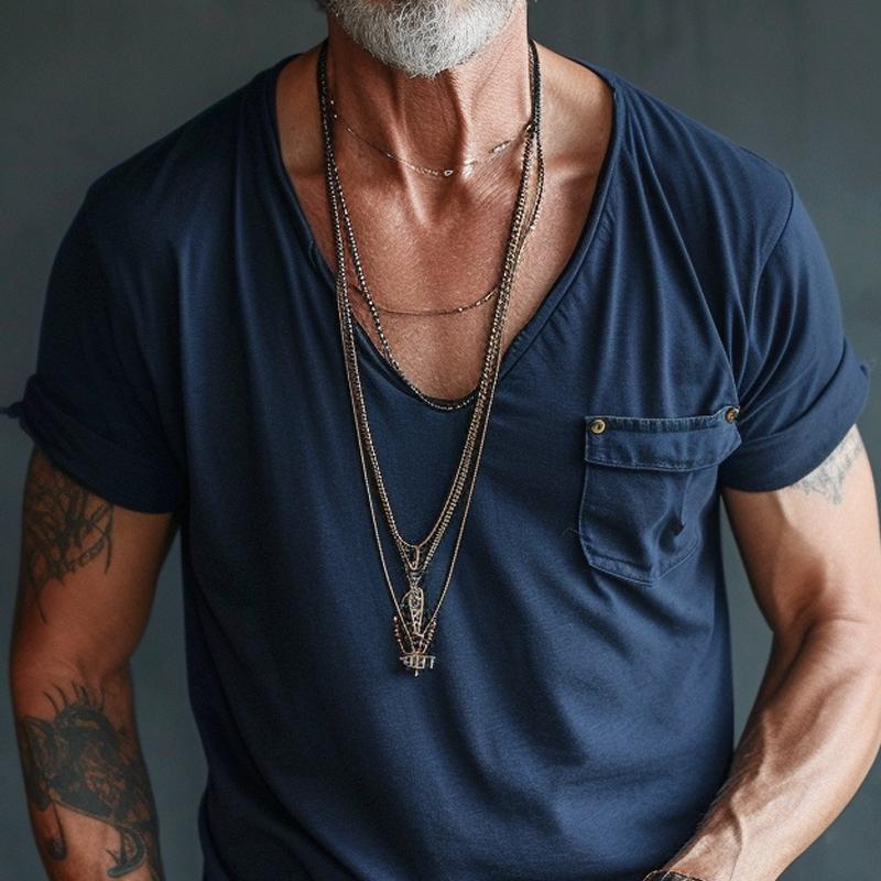 Versatile men's V-neck tee with pocket, a relaxed fit short-sleeve summer top for casual men's fashion.
