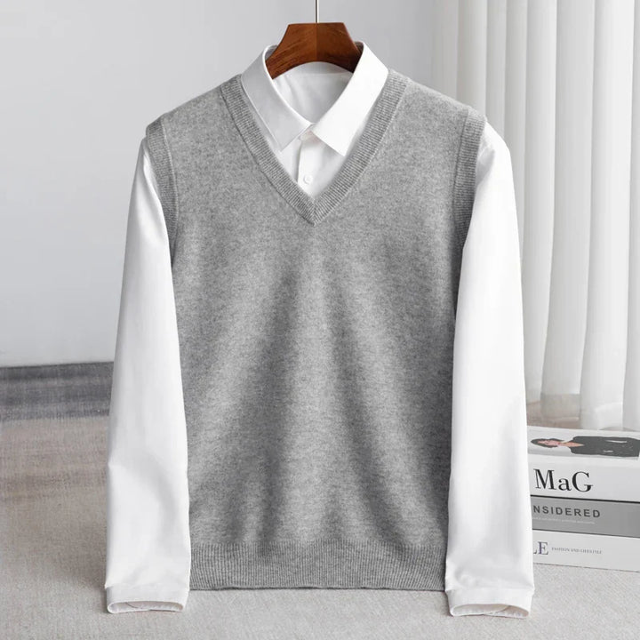 Classic men's V-neck sweater vest, perfect for elegant smart casual or professional layering.