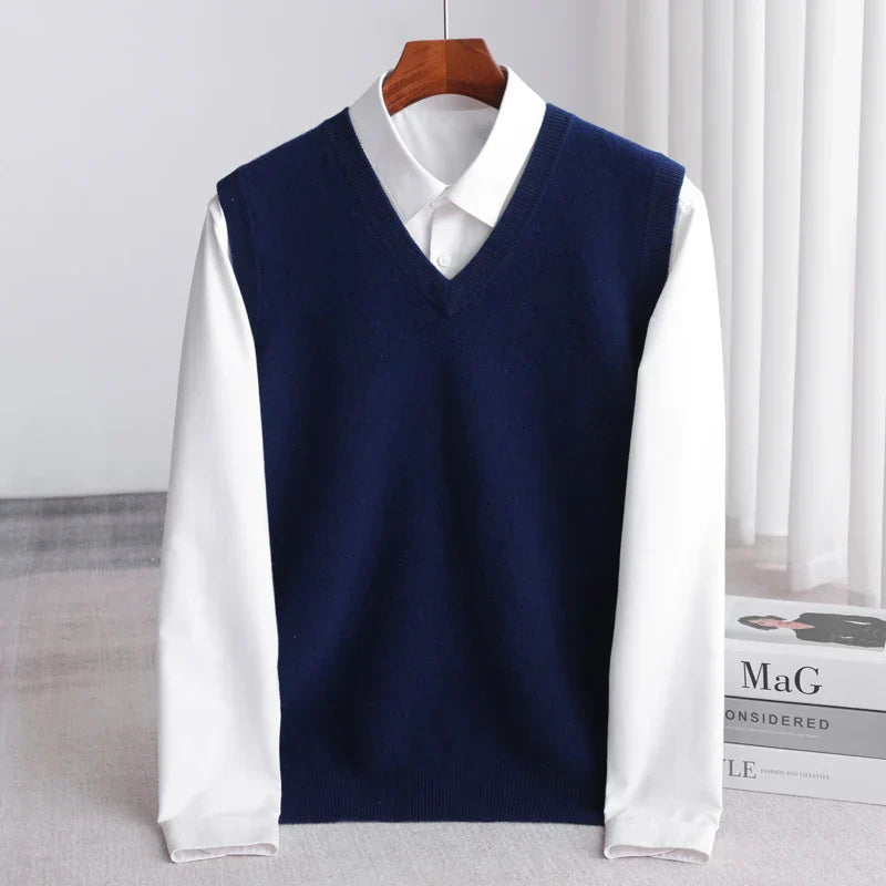 Essential V-neck layering sweater vest for men, offering year-round comfort and style.