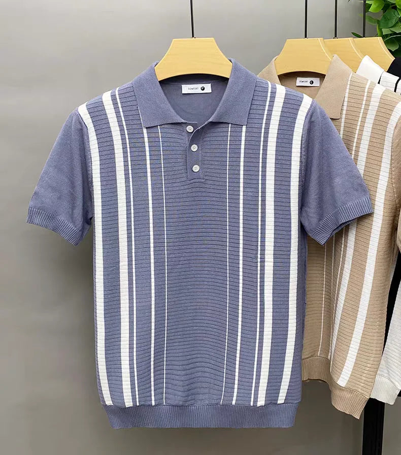 Men's classic vertical stripe polo shirt. Soft cotton knit, breathable for casual & smart casual Italian style.