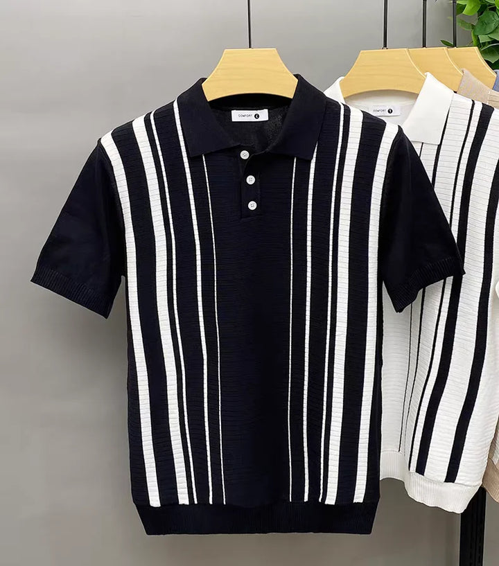 Classic men's polo shirt featuring subtle vertical stripes. Made from soft, breathable cotton knit for comfort.