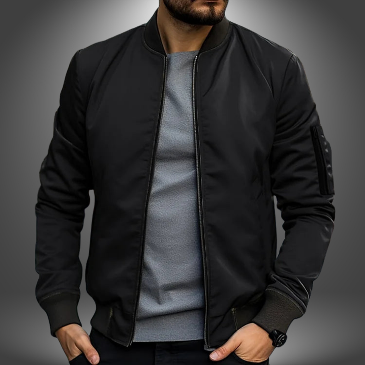 Versatile men's zip-up bomber jacket. Windproof outerwear for mid-season comfort & classic style.