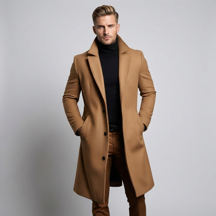 Men's classic winter coat, timeless tailored fit for chilly days. Sophisticated button-up formal/casual outerwear.