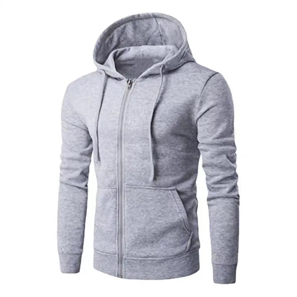 Detail of the soft fabric texture and stitching on a classic men's zip-up street hoodie