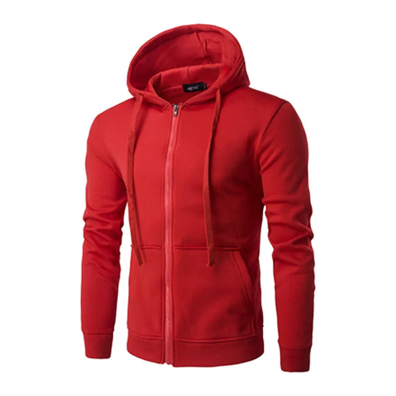Model wearing a men's zip-up street hoodie with hands in pockets, demonstrating casual look