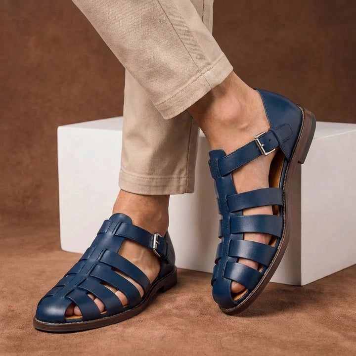 Men's closed-toe fisherman sandals, brown leather, with adjustable buckle straps for summer casual comfort footwear.