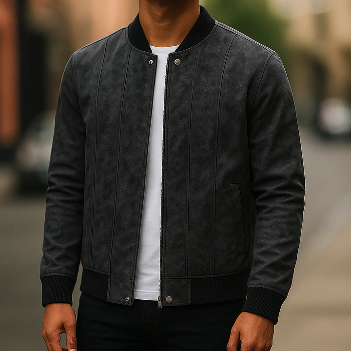Classic black premium suede bomber jacket for men, stylish outerwear, winter fashion