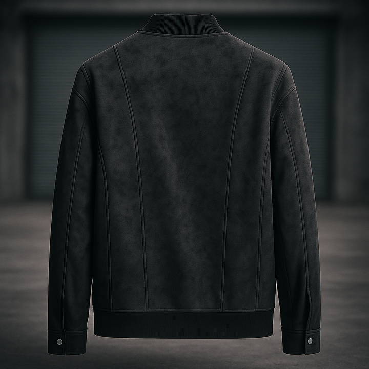 Side view of a man wearing a premium coffee brown suede bomber jacket, stylish outerwear