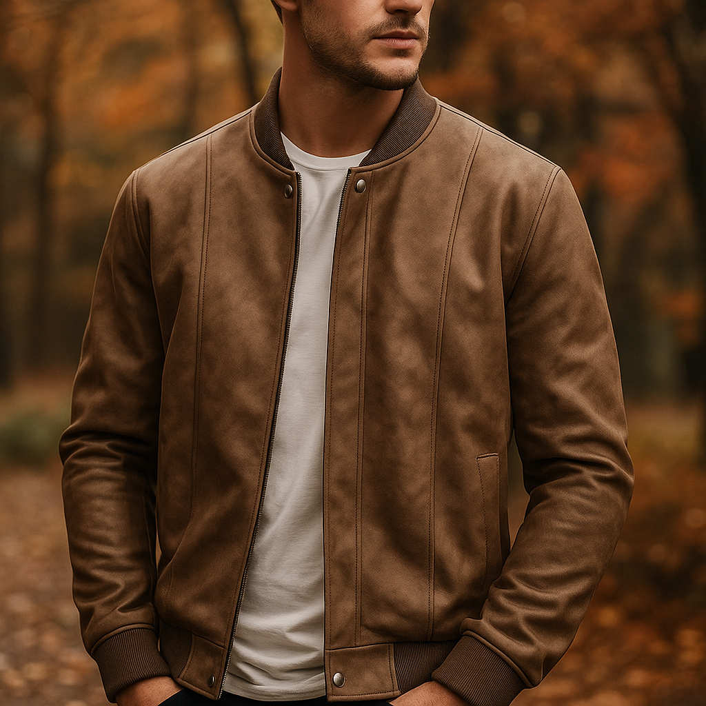 Detail of zipper and collar on a men's premium classic black suede bomber jacket