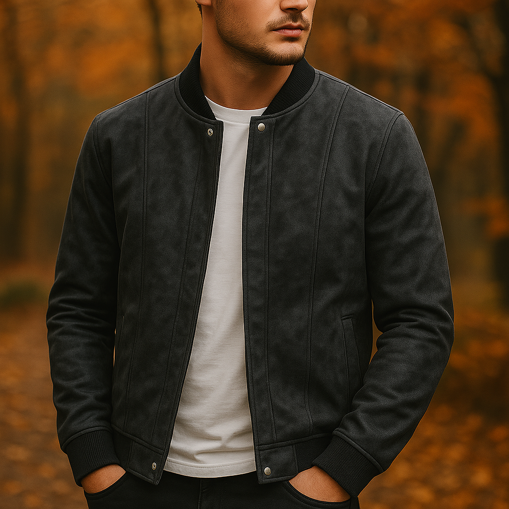 Two men's premium suede bomber jackets, coffee brown and classic black, showcasing winter style