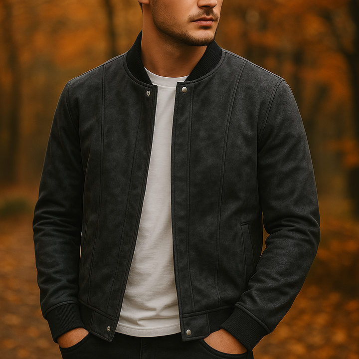 Two men's premium suede bomber jackets, coffee brown and classic black, showcasing winter style