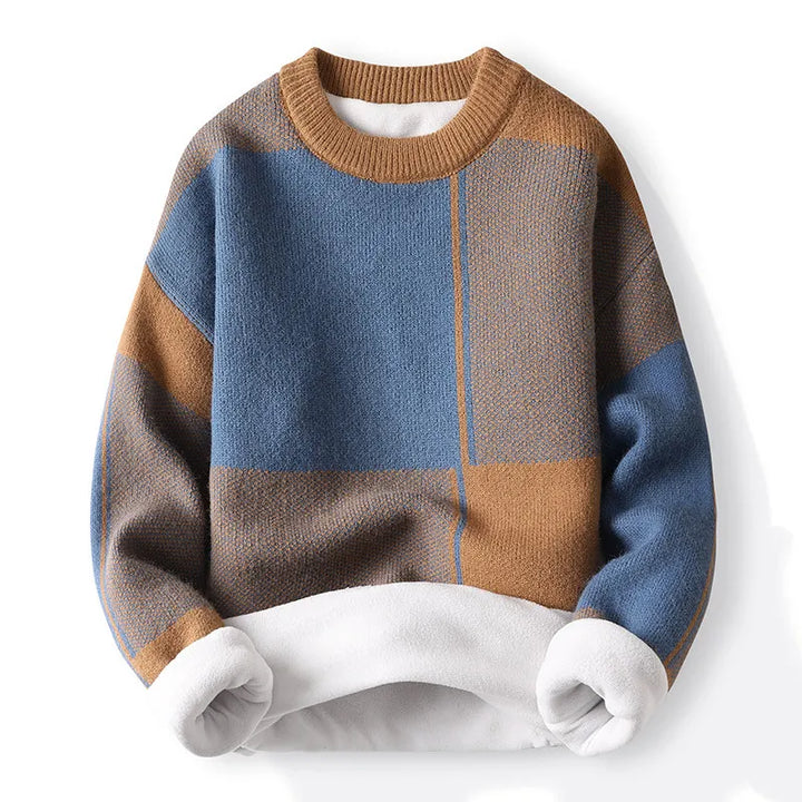 Stylish menswear crewneck pullover featuring a modern colorblock design and long sleeves