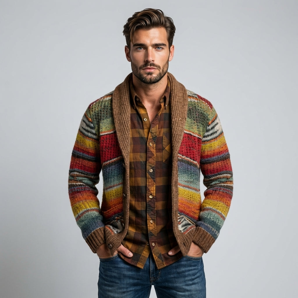 Men's colorful striped cardigan with a relaxed fit, perfect for casual layering. Comfortable long-sleeve open-front sweater.
