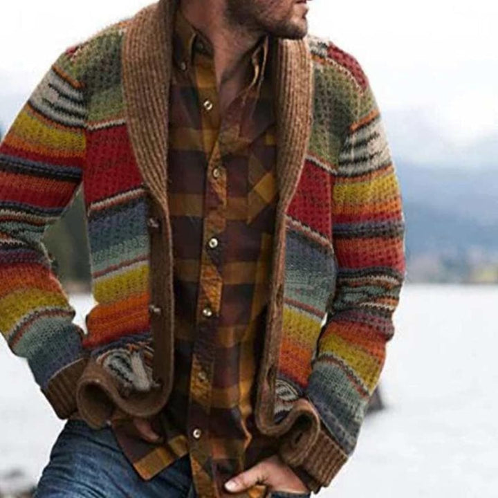 Stylish men's striped sweater, a colorful relaxed fit cardigan for autumn fashion and comfortable streetwear layering.