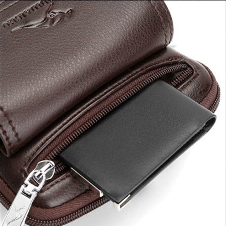 Men's practical PU leather travel bag, compact design with adjustable strap & waist clip feature.