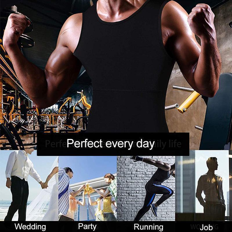 Men's compression body shaping vest, black nylon, for slimming & posture support.