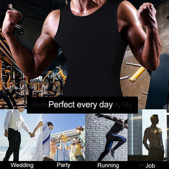 Men's compression body shaping vest, black nylon, for slimming & posture support.