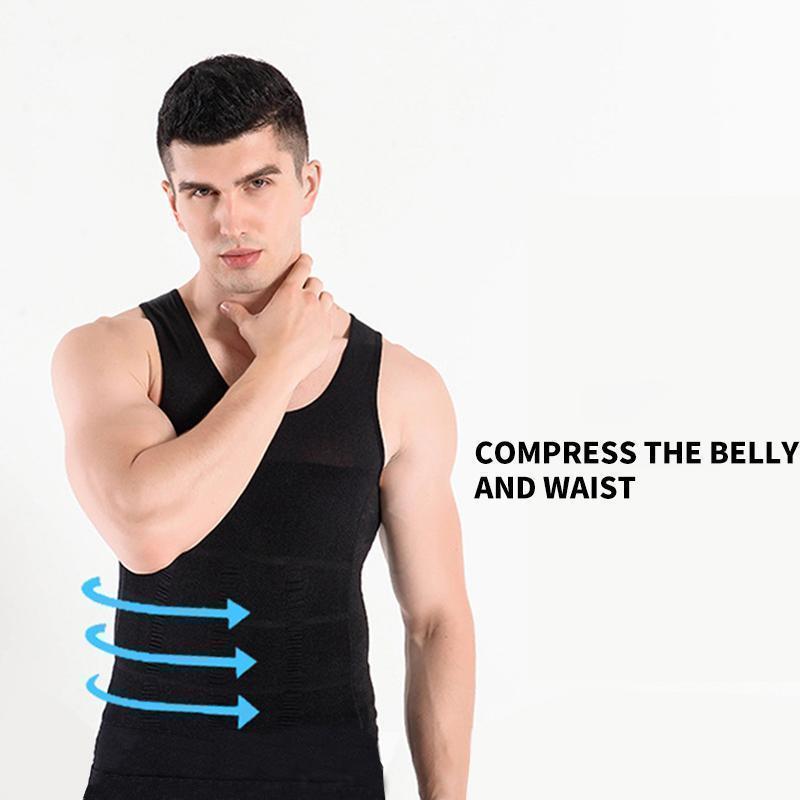 Man wearing a black compression vest under a shirt, showing discreet fit.