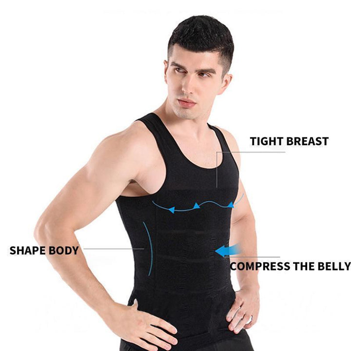 Men's white slimming top, compression fit for undergarment or activewear.