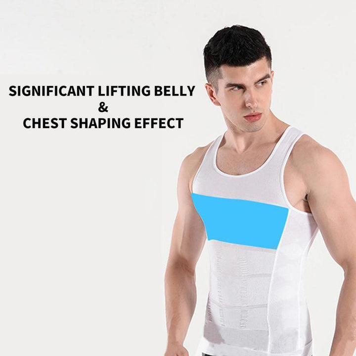 Packaging for men's compression vest, highlighting its body shaping benefits.