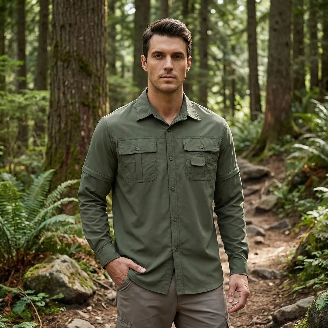 Men's convertible hiking shirt with zip-off sleeves, perfect for adaptable outdoor adventures. Quick-dry & sun protection.