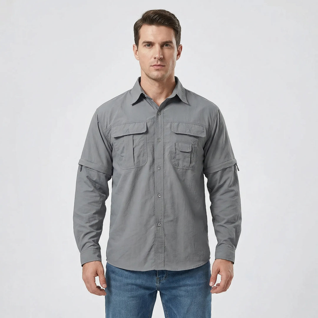 Active men's hiking shirt; quick-dry, sun-protective fabric & convertible zip-off sleeves for all-day comfort.
