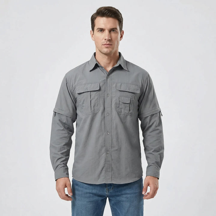 Active men's hiking shirt; quick-dry, sun-protective fabric & convertible zip-off sleeves for all-day comfort.