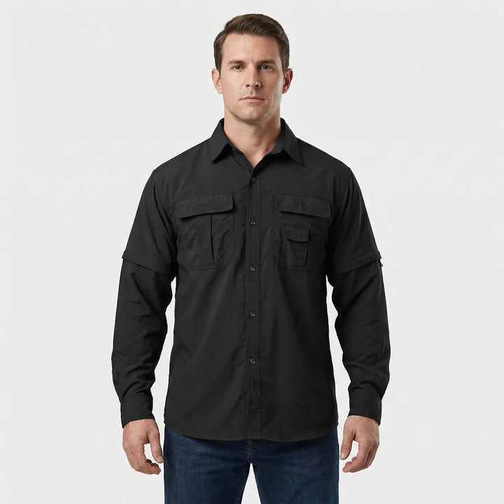 Durable men's adventure shirt with zip-off sleeves, offering sun protection & quick-dry comfort for any outdoor trip.