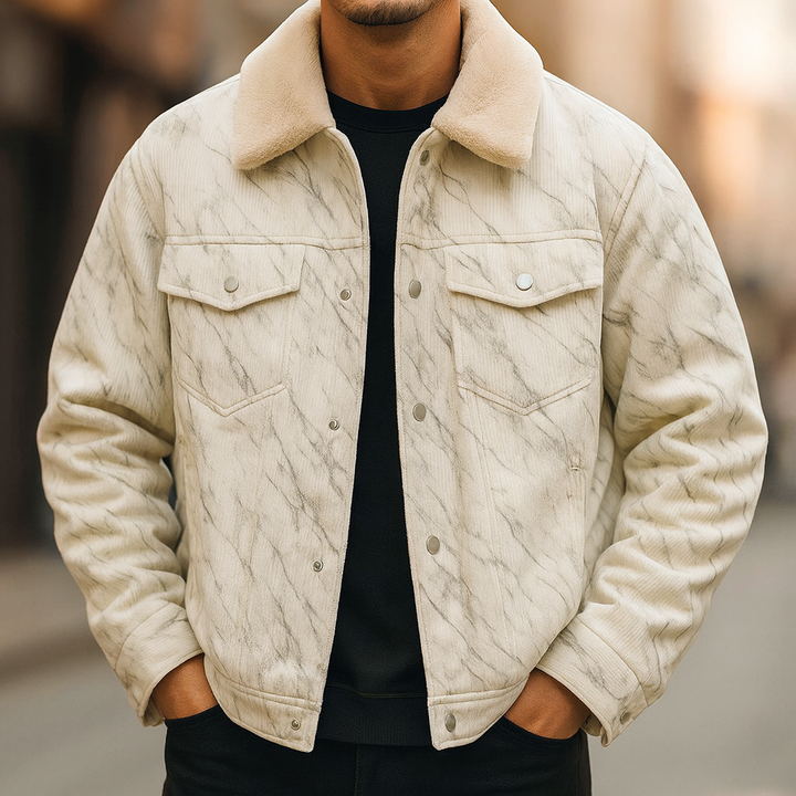 Model wearing a men's corduroy sherpa jacket, ideal warm outwears with a modern, casual look