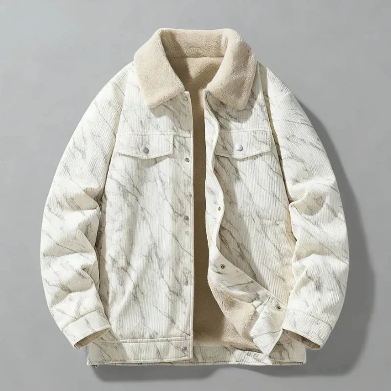 Detailed shot of button closure on a men's corduroy sherpa jacket, highlighting quality