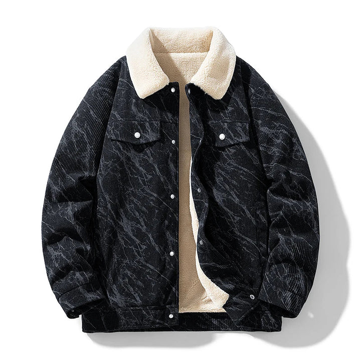Flat lay of men's corduroy sherpa jacket, presenting its rich texture and cozy lining