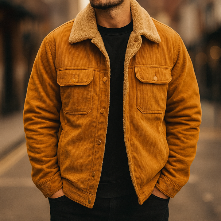 Men's corduroy sherpa lined winter jacket, snap button closure, warm and casual fall outerwear.