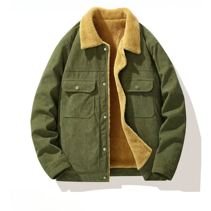 Detail shot of the sherpa lined collar on a men's corduroy winter jacket, emphasizing warmth.