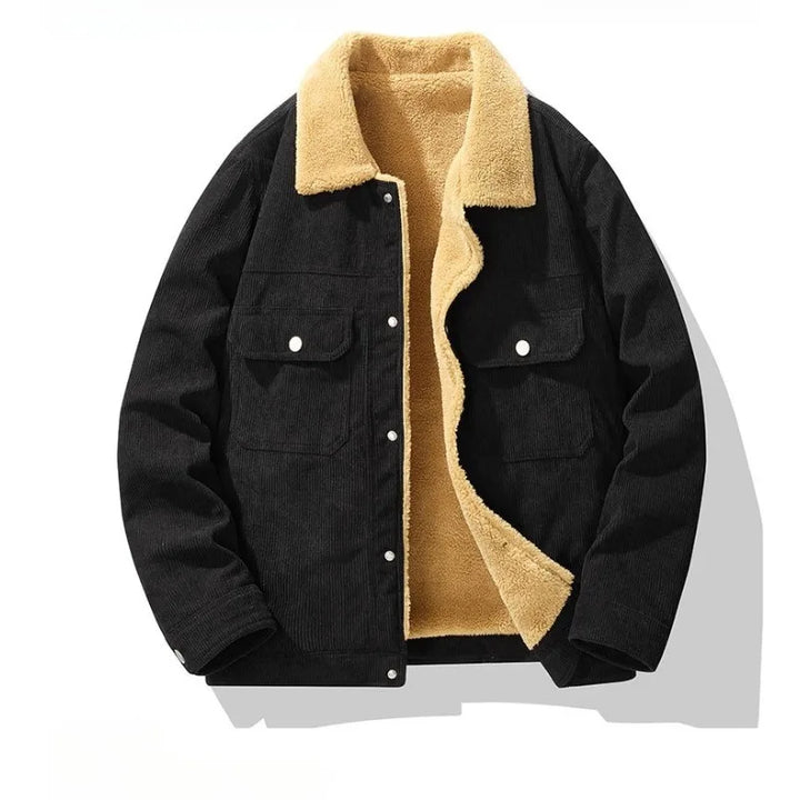 Men's fall fashion corduroy jacket with soft sherpa lining, providing ultimate comfort and warmth.