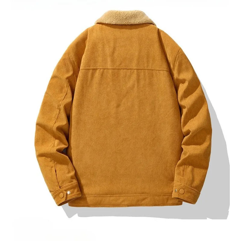 Casual men's outerwear: a warm, sherpa lined corduroy jacket with practical snap button design.