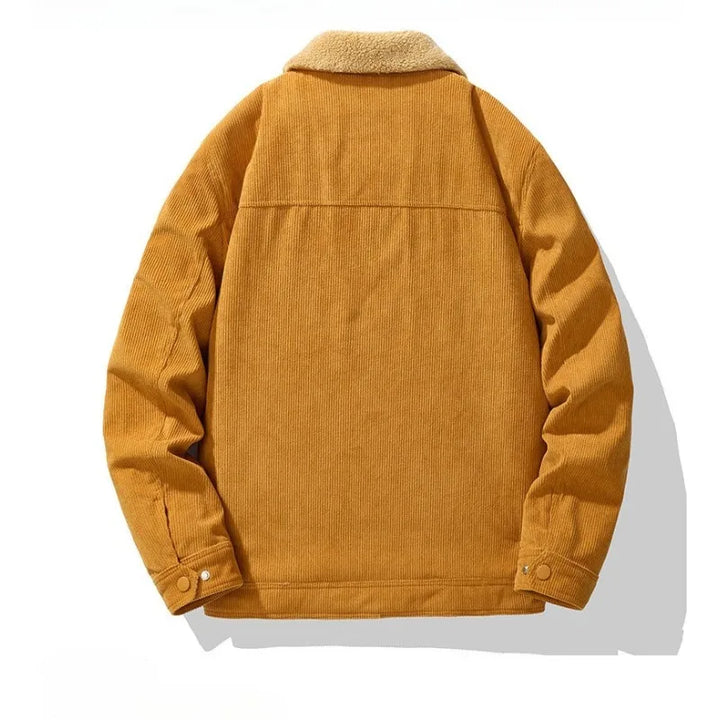 Casual men's outerwear: a warm, sherpa lined corduroy jacket with practical snap button design.