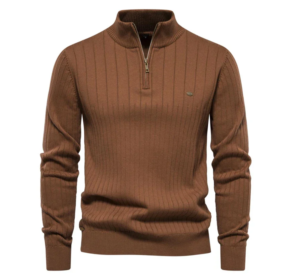 Men's cotton knit sweater with a zipper & stand-up collar. Warm, comfortable casual wear for winter.