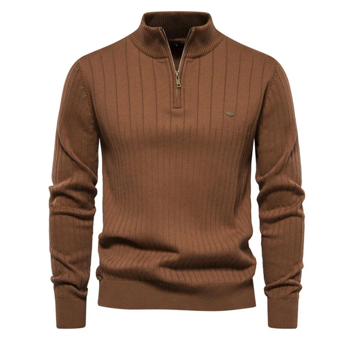 Men's cotton knit sweater with a zipper & stand-up collar. Warm, comfortable casual wear for winter.
