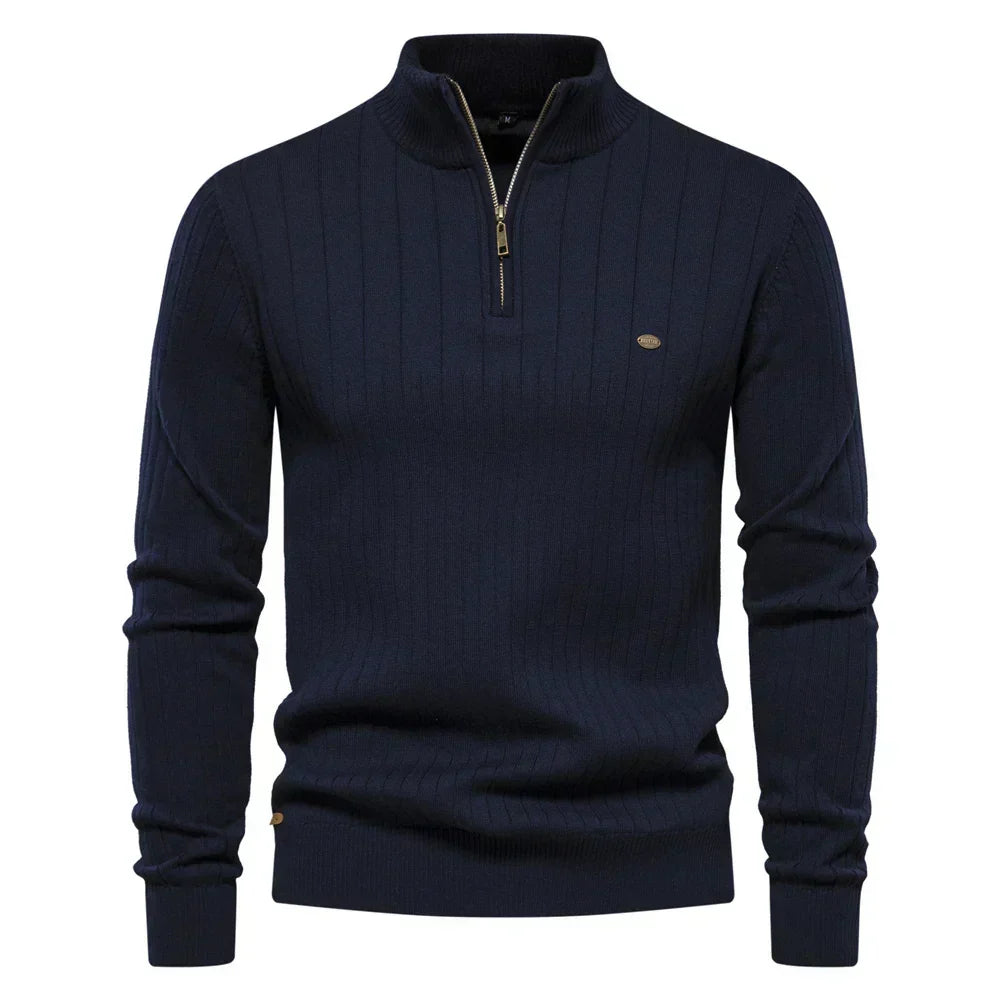 Versatile men's zipper knit sweater with stand-up collar. Ideal for casual, layered winter fashion.