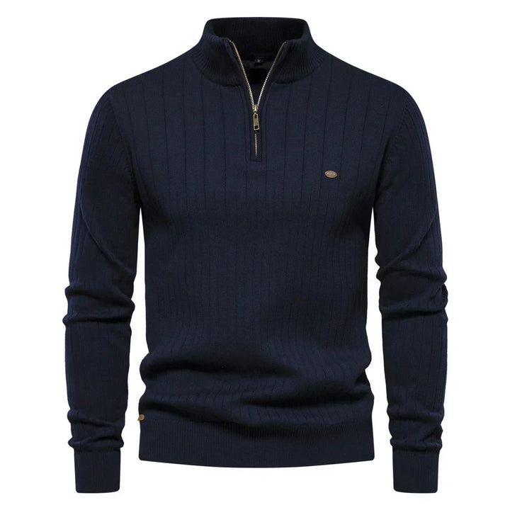 Versatile men's zipper knit sweater with stand-up collar. Ideal for casual, layered winter fashion.